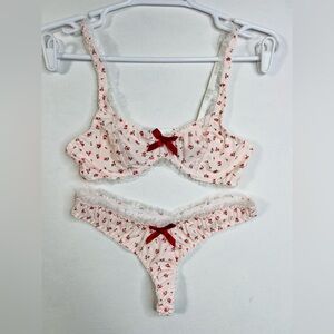 NWOT Pink and Red Floral Bow and Ruffle Lingerie Bra and Thong Set